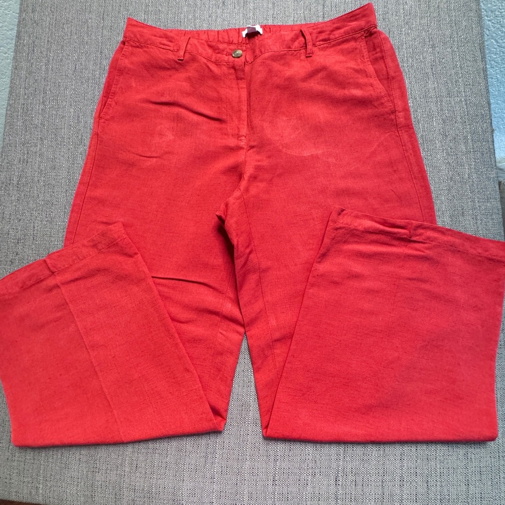 J. Jill Red Linen Blend Wide Leg Pants Womens 14 Petite Elastic Back Trousers